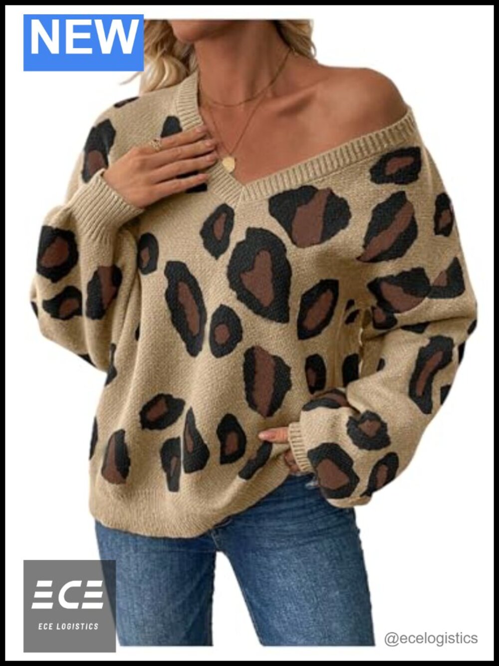 OYOANGLE Women's Leopard Print V Neck Pullover Sweater Boho Vintage Fall